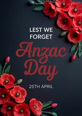 Anzac day poster with red poppies on dark background