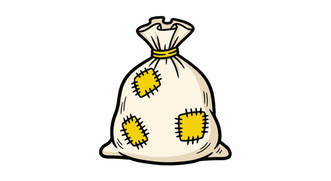 Illustration of a burlap sack with patches and tied top  