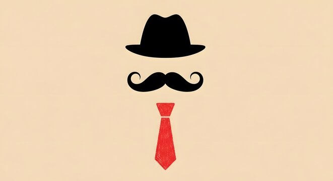 A stylized illustration of a face with a hat mustache and red tie on a beige background