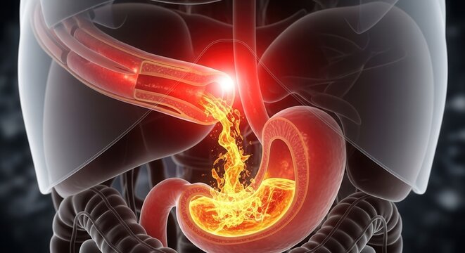 Detailed 3D medical illustration of acid reflux in the human digestive system, showing stomach acid flowing back into the esophagus causing burning sensation.