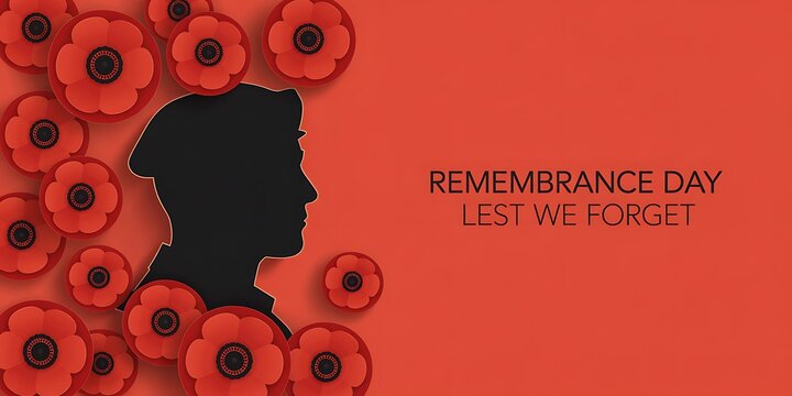 Remembrance day lest we forget silhouette of a soldier with poppies