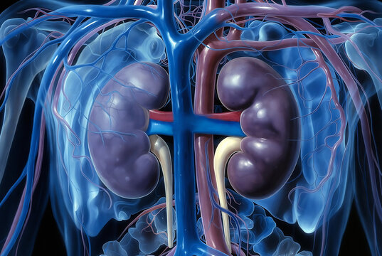 This image depicts a detailed anatomical rendering of the human kidneys and their associated blood vessels, highlighting circulatory system within the body.