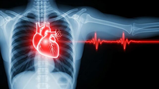 Human chest x-ray showing glowing red heart and cardiac pulse rhythm line