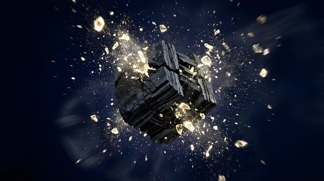Tension and release visualization, compressed dark forms exploding into golden light fragments