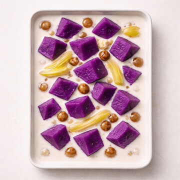 Top View of Modern Geometric Kolak Ubi Ungu, Indonesian Purple Sweet Potato Dessert in Coconut Milk