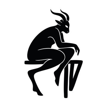 Satyr silhouette vector illustration. Mythological faun character isolated on transparent background. Fantasy creature design element