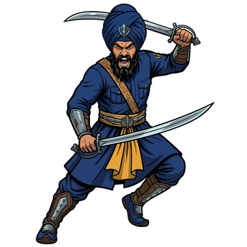 Brave Sikh Warrior Attacking with Two Swords