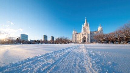 Obraz premium Majestic winter building in snowy landscape with distant urban skyline under clear blue sky