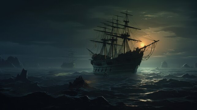 A 100-foot brigantine ship that got stuck in rocks.