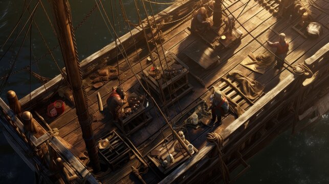 Top view of an old brigantine ship with it's crew members working on the deck of the ship
