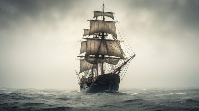 A hastily deserted 100-foot brigantine ship with it's sails up. Good weather but with an eerie feeling.