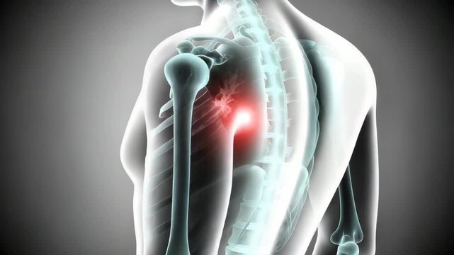 Side view of human shoulder x-ray with red glowing joint inflammation