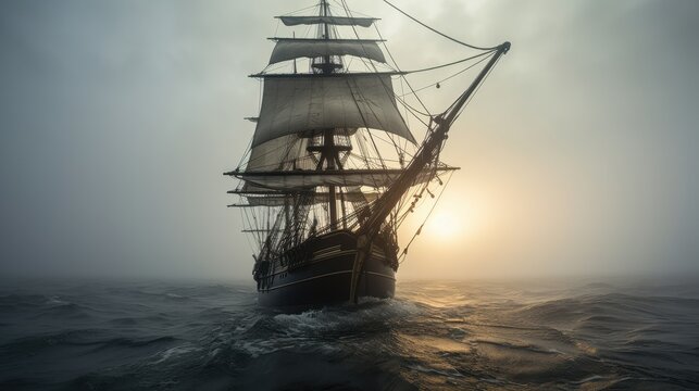 A front view of the hull of a 100-foot brigantine ship on rough sea