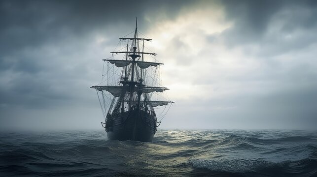 A front view of the hull of a 100-foot brigantine ship on rough sea