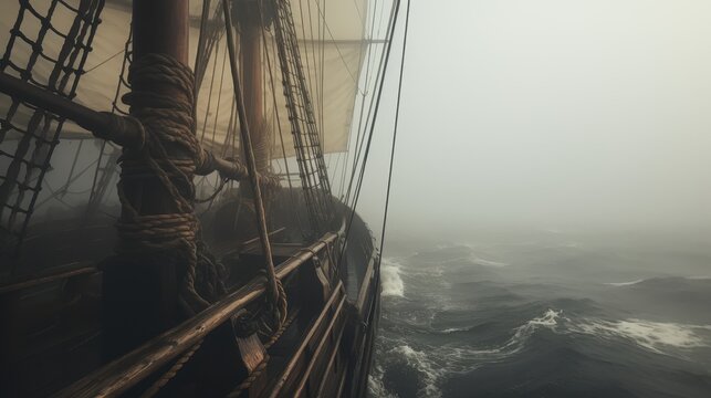 A side shot of the hull of a 100-foot brigantine ship on the atlantic ocean. The ship is sailing through fog.