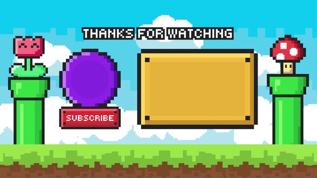 Pixel art thanks for watching end screen with large center panel and subscribe icon retro gaming sky theme Prores 4K 60fps
