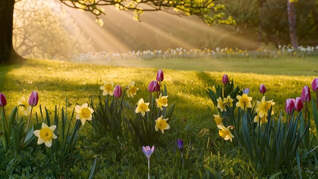 Beautiful spring garden with blooming yellow daffodils and purple tulips under warm morning sunlight rays in public park