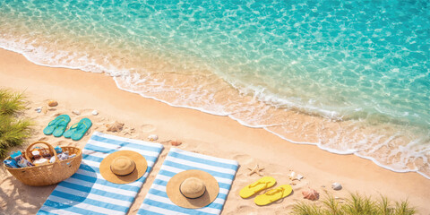 Obraz premium Flip flops resting on sandy beach by the ocean under a sunny summer sky