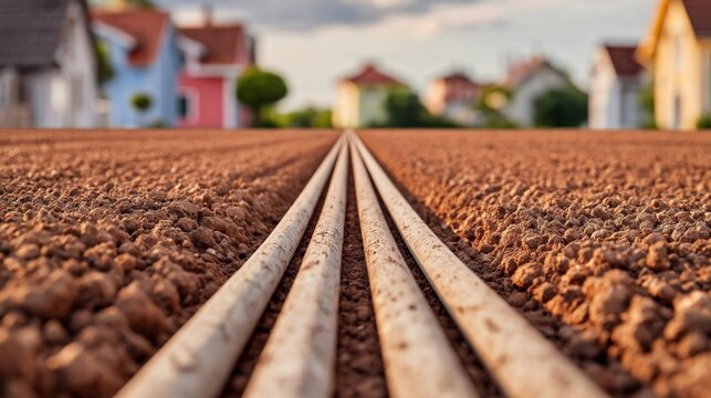 Close-up view of freshly plowed soil with two parallel irrigation pipes running through, residential houses visible in the background under a clear sky