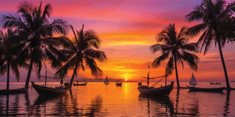 Obraz premium Tropical beach with palm trees and a beautiful sunset over the ocean sky