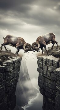 Bighorns butting heads cliff.