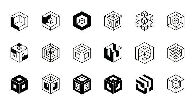 Collection of Abstract Geometric Cube and Hexagon Shapes.