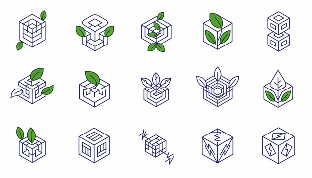 Collection of Isometric Cube and Leaf Logos Representing Sustainable Growth.