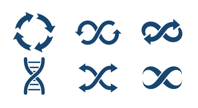 Set of blue cycle, infinity, and DNA arrows icons representing continuous process, data flow, and scientific concepts.