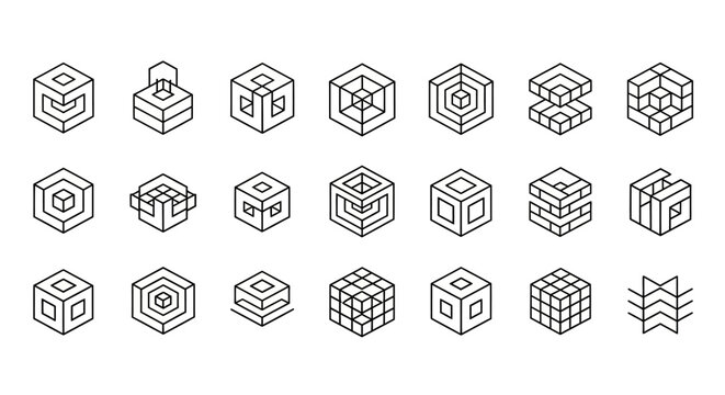 Set of Isometric Cube and Hexagon Line Icons.
