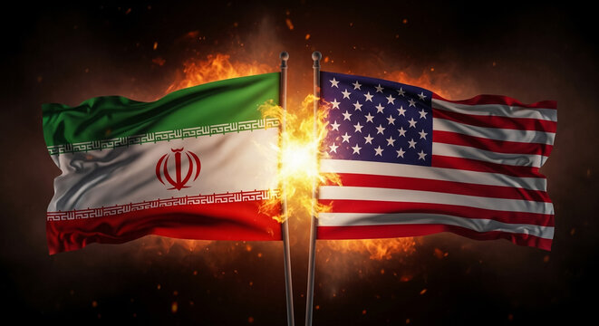 The flags of Iran and the United States amidst a fiery backdrop