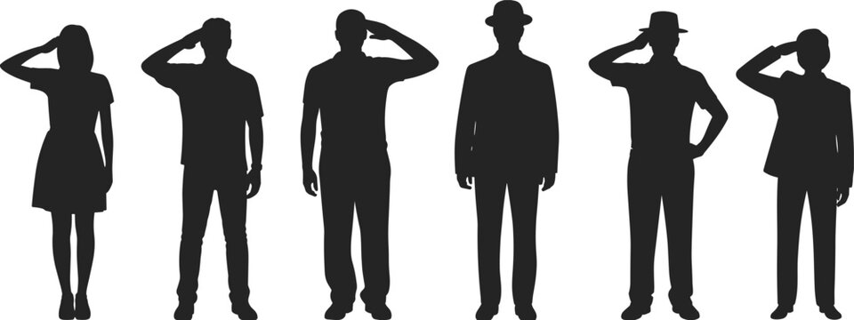 People silhouettes saluting vector illustration set, men and women figures in different poses isolated on white background for design use