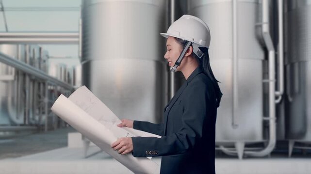 Side View of Asian Businesswoman Looking At Blueprint In Her Hands While Walking at Industrial Chemical Plant with Row of Stainless Steel Storage Silos