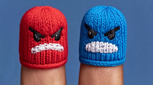 Red and blue knitted finger puppets with angry expressions positioned side by side against a blue background, showcasing playful character designs