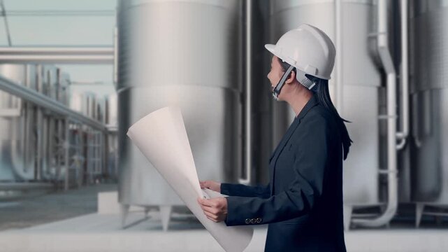 Side View of Asian Businesswoman Holding Blueprint While Walking and Looking Around at Industrial Chemical Plant with Row of Stainless Steel Storage Silos