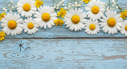 A bunch of white daisies on a wooden surface © jannatul