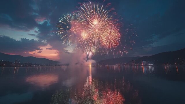 夕暮れの湖に映る日本の夏の花火、静かな水面に広がる幻想的な光景