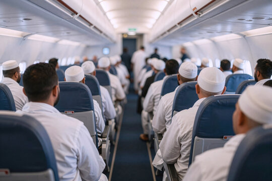 Muslim pilgrims in white robes seated inside a charted airplane, flying to Mecca to perform the Hajj, one of Islam 5 pillars. People on board a plane, departing on a flight to Saudi Arabia for Umrah.