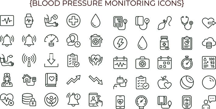 Blood pressure monitoring outline icon set with hypertension tracking cardiology health measurement symbols for healthcare apps dashboards interfaces