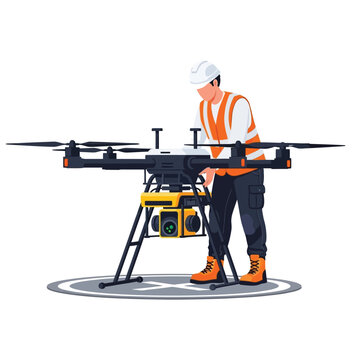 Person in safety gear inspecting a large drone on a landing pad, aerial technology inspection