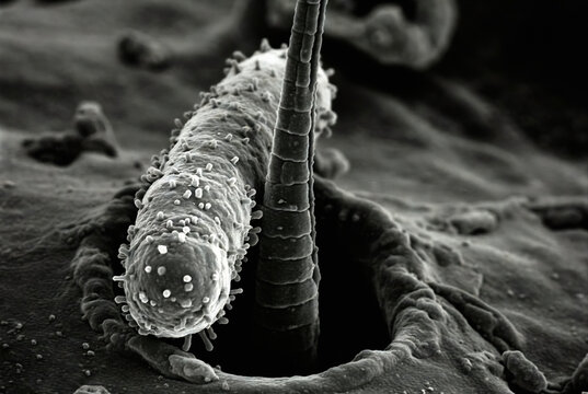 This is a scanning electron microscope image of a nematode worm, likely an *Tricholoma axylenus*, feeding on fungal hyphae.