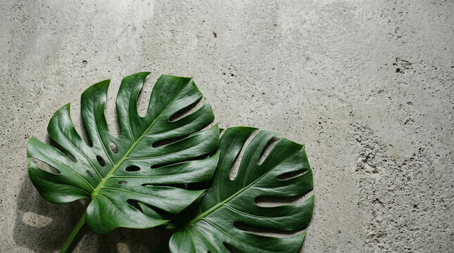 monstera leaves placed on textured concrete background