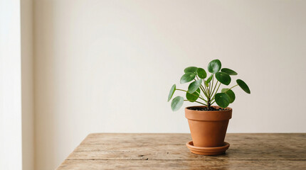 Fototapeta premium minimalist small potted plant placed on wooden table background