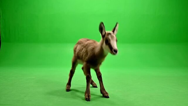A young chamois kid standing on a green screen, looking directly at the camera, ready for compositing in visual effects.