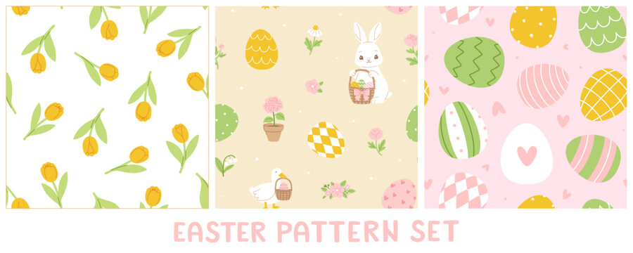 Cute easter pattern set. Adorable easter seamless vector prints collection.