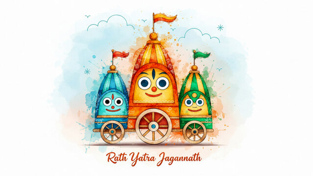 Hand Drawn Jagannath Rath Yatra Illustration with Colorful Chariots
