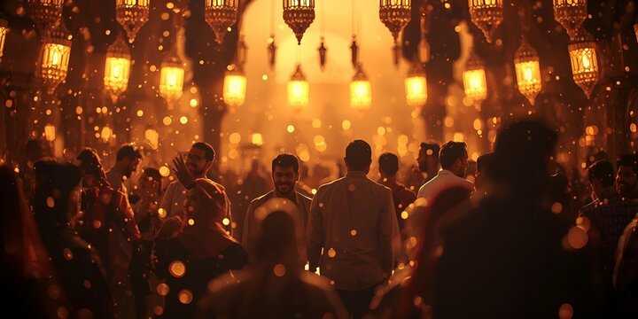 Muslim congregation praying during Eid al-Fitr celebration with golden mosque lights