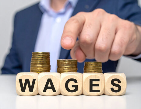 Wages - Geschäftsmann zeigt mit dem Finger auf das Wort "Wages"