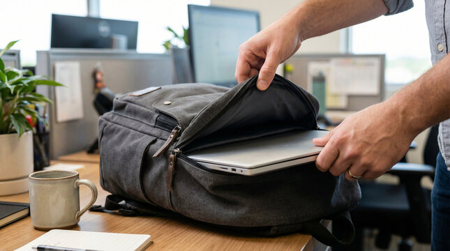 Man placing laptop into a backpack at a modern office desk  