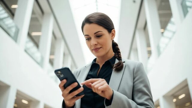 Professional woman checking smartphone in modern office building