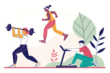 Fototapeta premium Flat vector people doing gym workout, fitness and healthy lifestyle illustration.